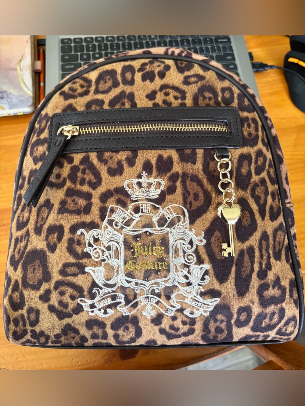 Juicy Couture "Juicy for All" Velour Leopard Print Mini Backpack with Key NWT